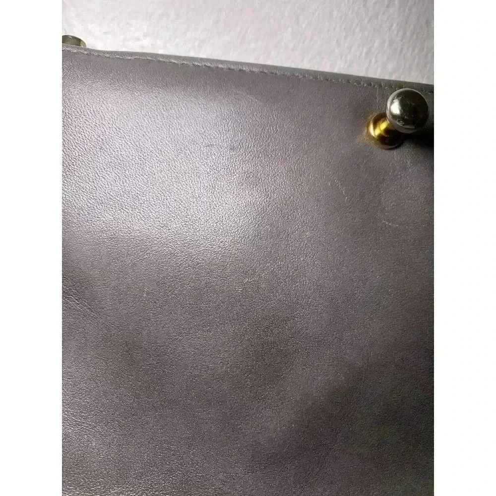 Vintage Ruth Saltz 70s Gray Leather Clutch Bag Silver Tone Lion Emblem No Strap